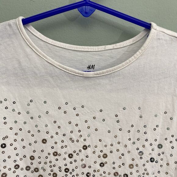 H&M Long Sleeve Sparkle Dress White Ivory Cotton Holiday Christmas Girls 5T/6 - Picture 3 of 9